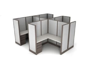 Buy 4 Man office cubicles in 5x5 size set up as L Shape workstations with fabric panels. Central Florida office cubicles installations and deliveries available by KUL office furniture Orlando FL