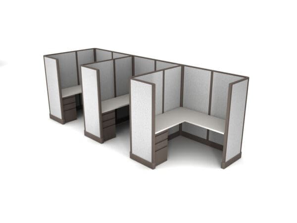 Buy 3 Man office cubicles in 6x6 size set up as L Shape workstations with fabric panels. Central Florida office cubicles installations and deliveries available by KUL office furniture Orlando FL