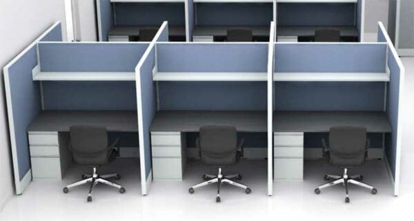 Row of 60x48 AIS workstation cubicles with open shelf, BBF pedestals, powered. Sold by KUL office furniture