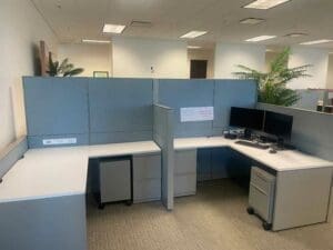 Fire sale liquidation 5x5 Teknion office cubicles w/ FF and Mobile BF. Blue with grey trim, excellent shape from KUL office furniture Lake Mary