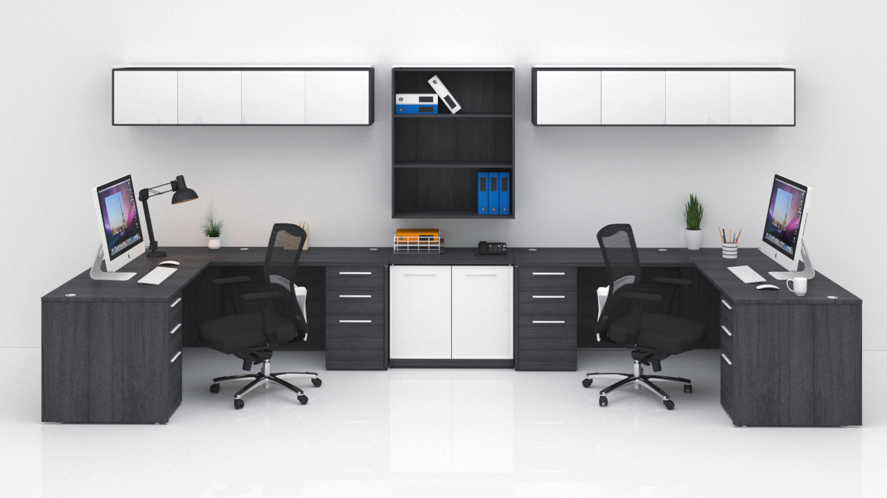 Two modern l shaped office furniture desks with executive mesh back office chairs sharing a lateral file with wall mounted overhead storage and shelves 