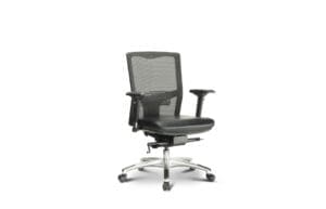Ergonomic office chair with mesh back and wheels.
